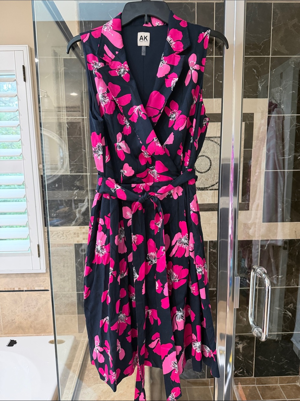 Anne Klein Navy Midi Dress with Hot Pink Floral Print
